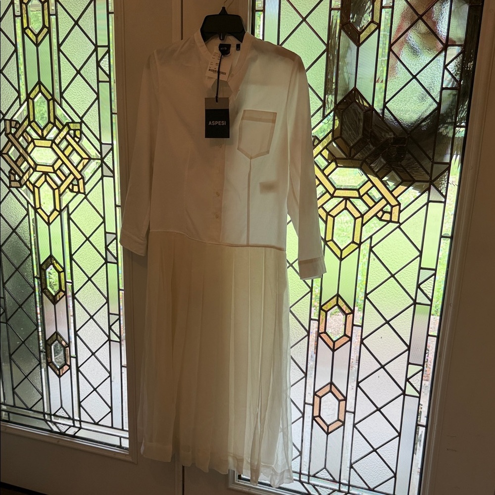 Aspesi White/Cream Two-Tone Shirt Dress $896 RETAIL, poplin shirt, CHIFFON lower